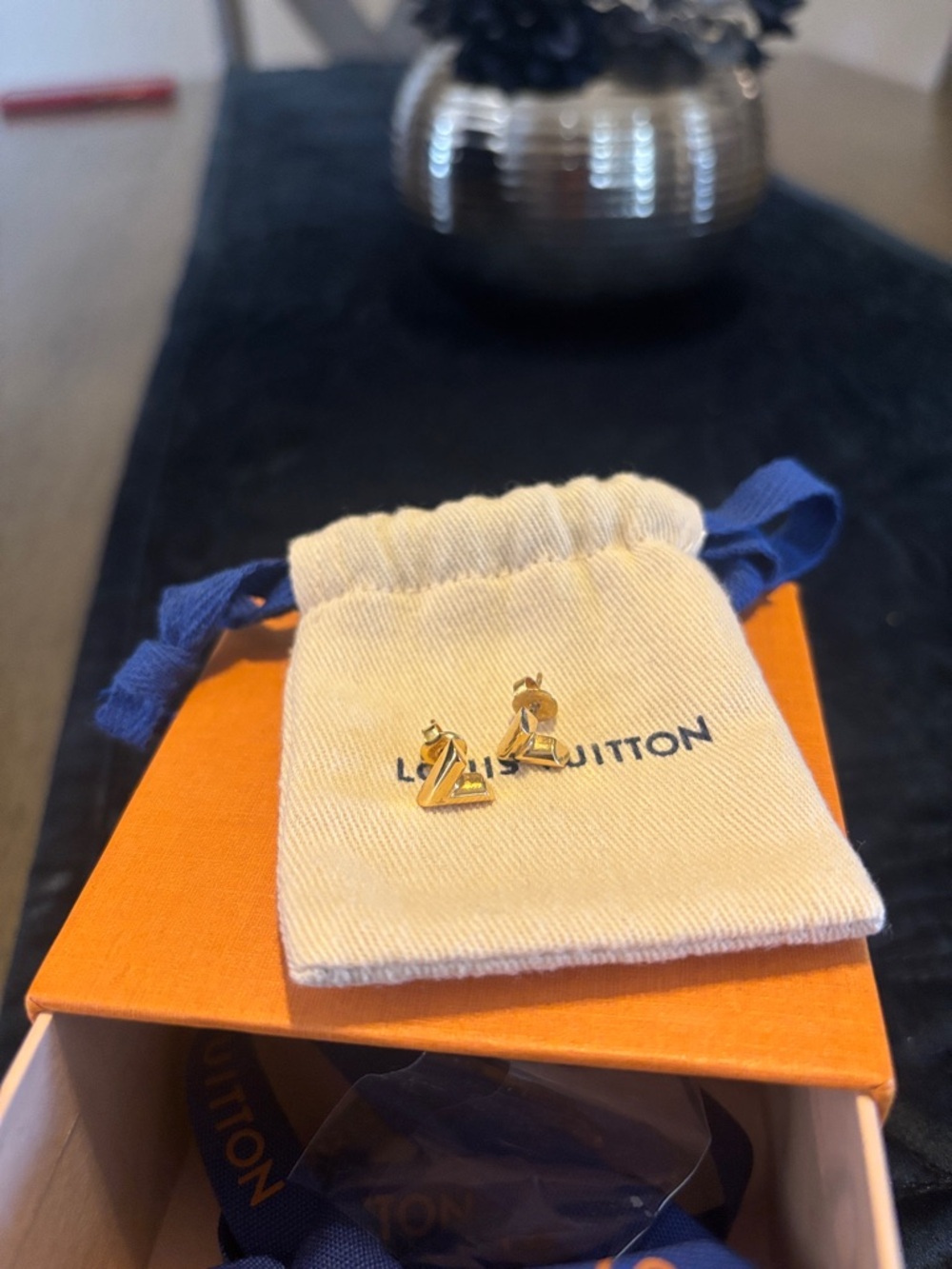 Louis Vuitton Gold Triangle LV Logo Stud Earrings